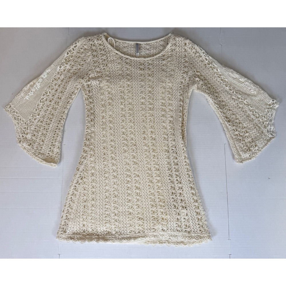 Cream Crochet Lace Bell Sleeve Mini Dress Small Boho Festival Mollo Rello